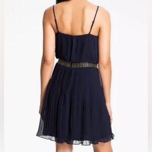 Adrianna Papell sz XL Navy Blue pleated dress beaded waistband adjustable straps
